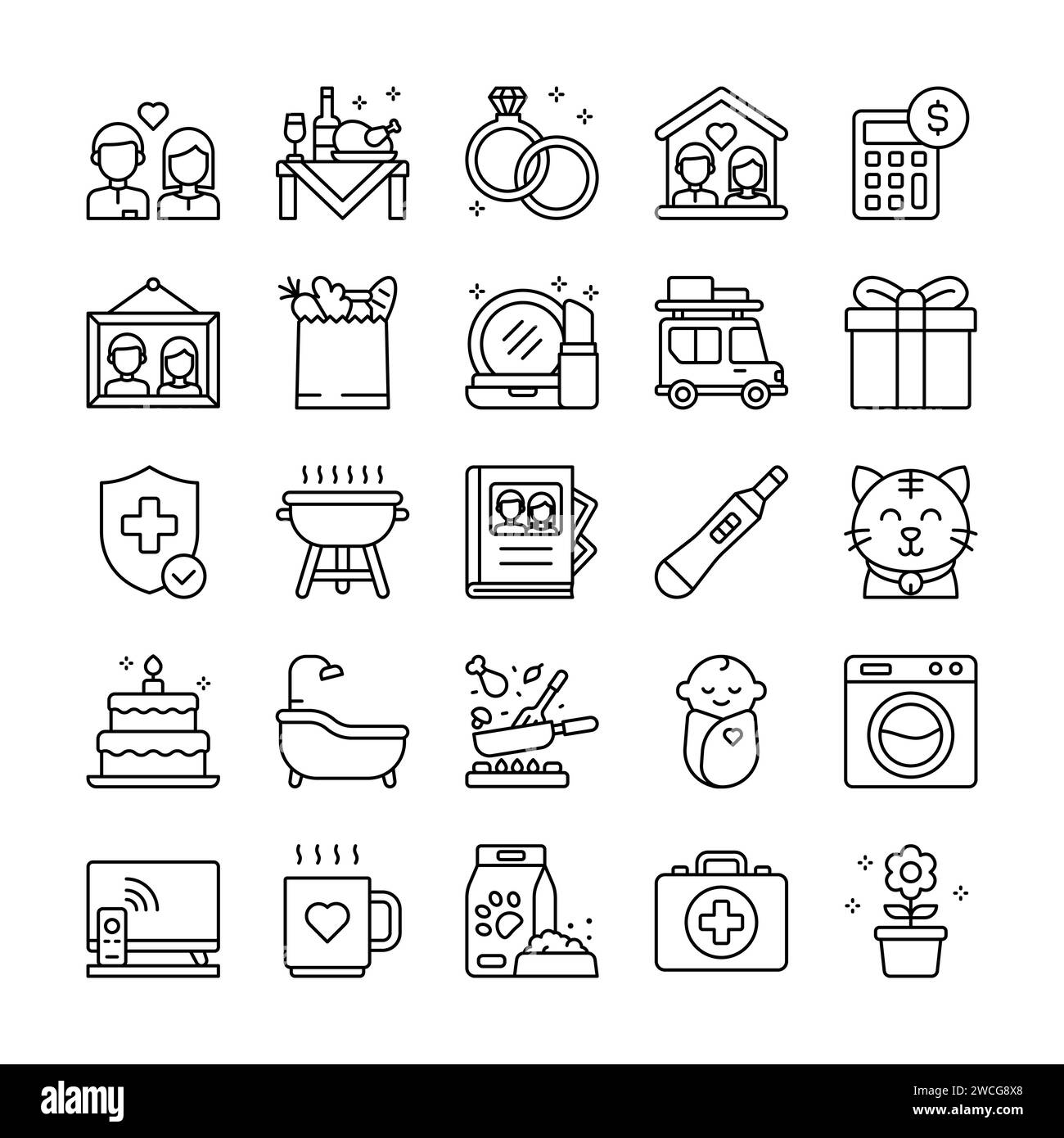 Family life and home daily activity icon set in line outline style Stock Vector