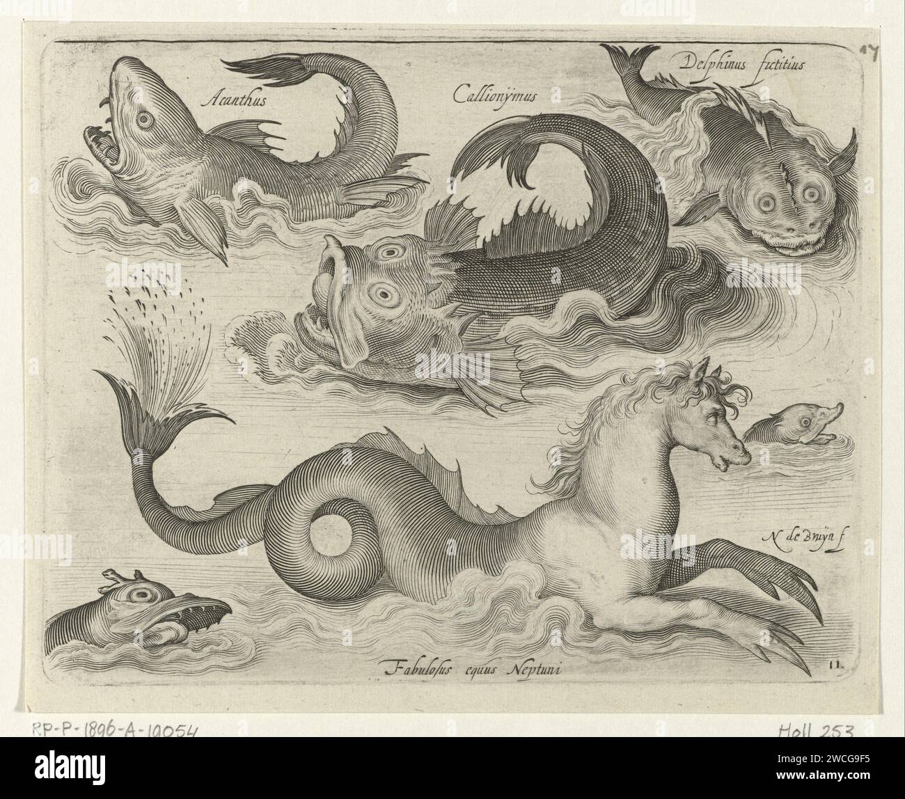 Fantastic aquatic animals, including sea horse, Nicolaes de Bruyn 