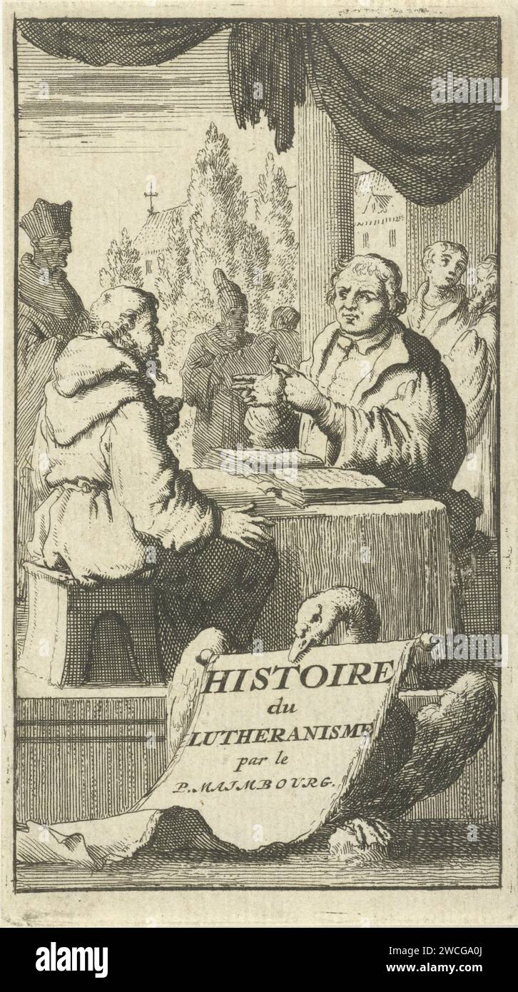 Discussion between Luther and a monk, Jan Luyken, 1681 print  Amsterdam paper etching monk(s), friar(s). disputing theologians Stock Photo