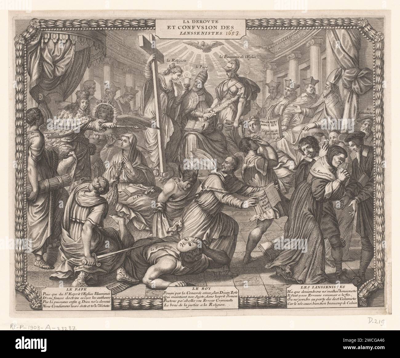 Avoiding the Jansenisten, Abraham Bosse, 1654 print The pope in the middle of the top is flanked by the allegorical figures religion and ecclesiastical power. The Holy Spirit flies above him. On the left the king sits on a throne with next to him the Divine zeal, the Eendracht, the righteousness and piety. The king banishes the allegorical figures ignorance, error and deception with Jansenism in the middle with 'the Augustine' in his hands, preceded by Jansenists.  paper etching / engraving pope. king. suspension, expulsion (from a society) Stock Photo