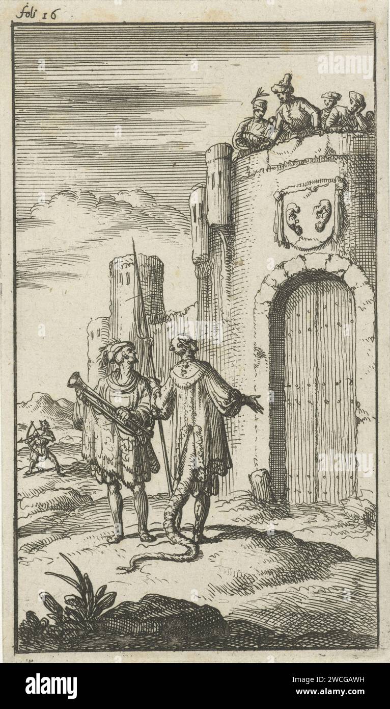 Satan stands with a trumpet for a closed fortress gate, Jan Luyken, 1685 print Print marked at the top left: Foli 16. Amsterdam paper etching devil(s) and demons: Satan. horn, trumpet, cornet, trombone, tuba - CC - out of doors. city-gate Stock Photo