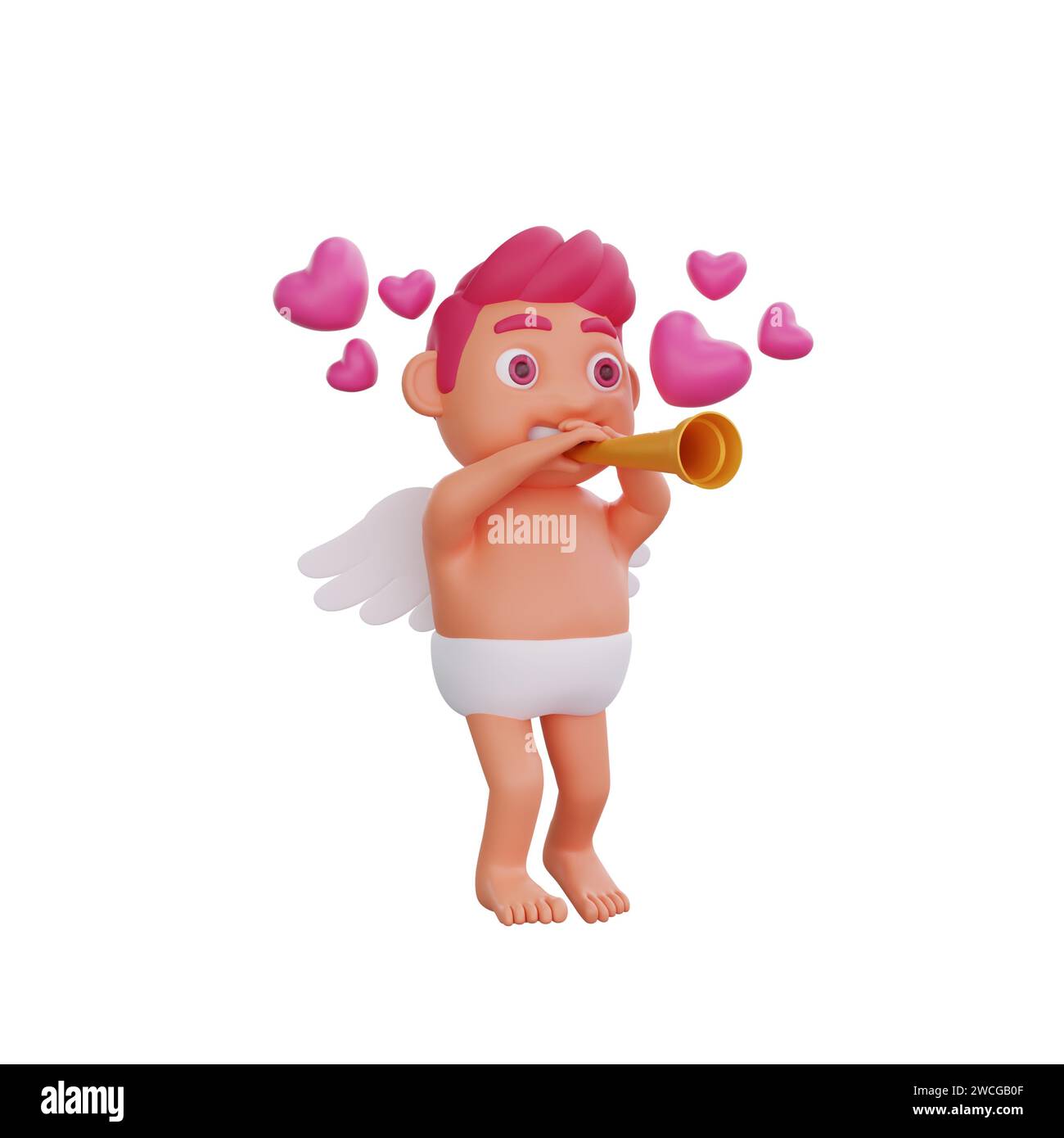 3D illustration of Valentine Cupid character playing a golden trumpet, sending out waves of pink hearts, perfect for Valentine or love themed projects Stock Photo