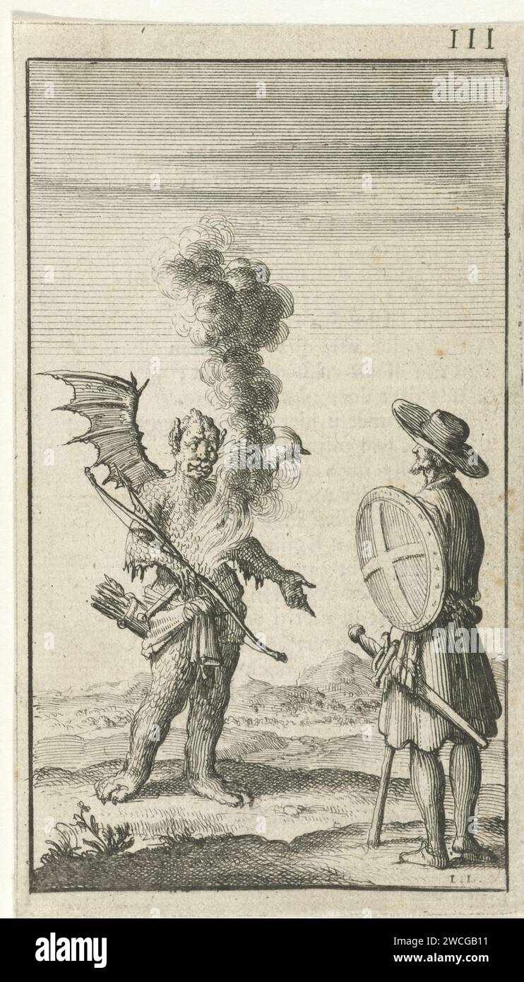 Christian meets Apollyon, Jan Luyken, 1684 print Print at the top right numbered: 111. Amsterdam paper etching / letterpress printing devil(s) and demons (with NAME) Stock Photo