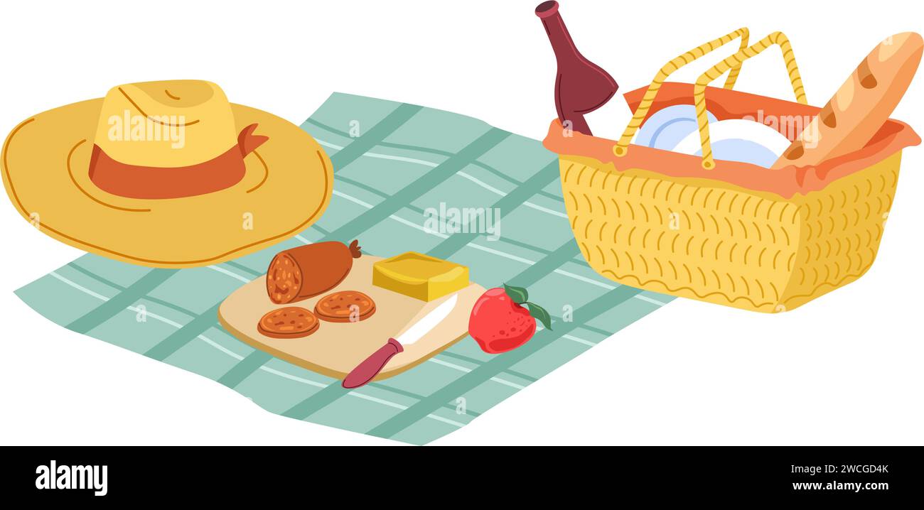 Picnic blanket with hat, food and wicker basket Stock Vector Image ...
