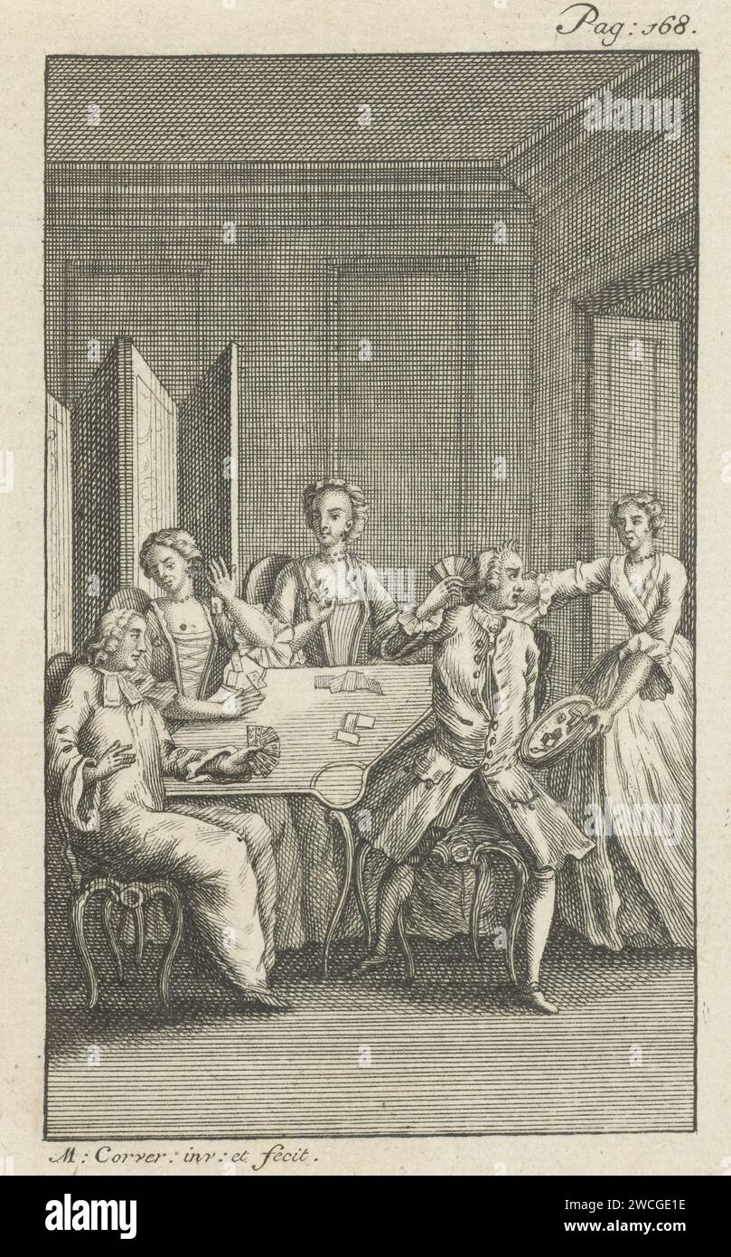 Ticket company, Marten Corver, 1751 print Two men and two women are sitting at the table and cards. A maid enters the room and drops her tablet with refreshments for the company. Amsterdam paper etching card games. little household accidents Stock Photo