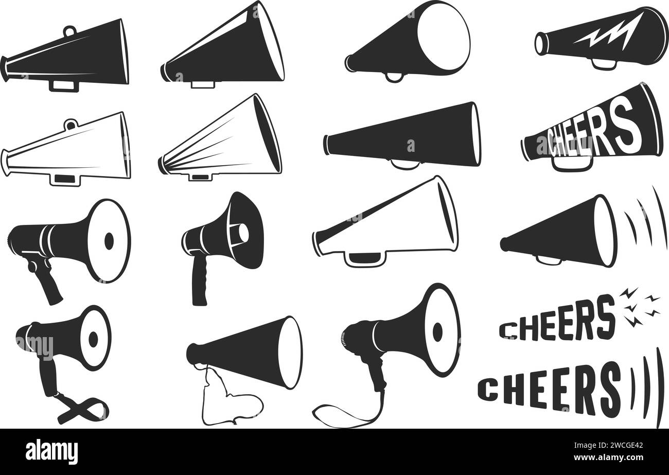 Cheer megaphone silhouette, Cheer megaphone cut files, Cheer silhouette, Megaphone vector, Megaphone bundle Stock Vector