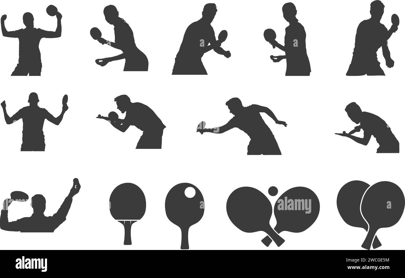 Table tennis silhouettes, Table tennis player silhouettes, Table tennis equipment silhouette, Table tennis player vector. Stock Vector