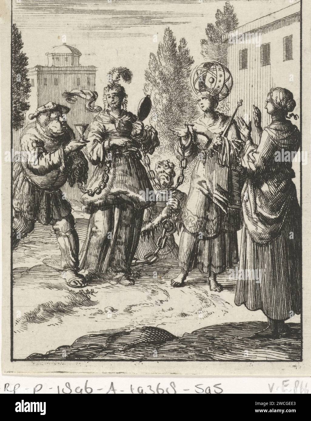 Woman sees a richly dressed lady who is chained to the world, the lust and the devil, Jan Luyken, 1687 print  Amsterdam paper etching 'Mondo', 'Machina del mondo' (Ripa). Lust, Luxury, 'Luxuria'; 'Lussuria' (Ripa)  personification of one of the Deadly Sins. devil(s) and demons Stock Photo