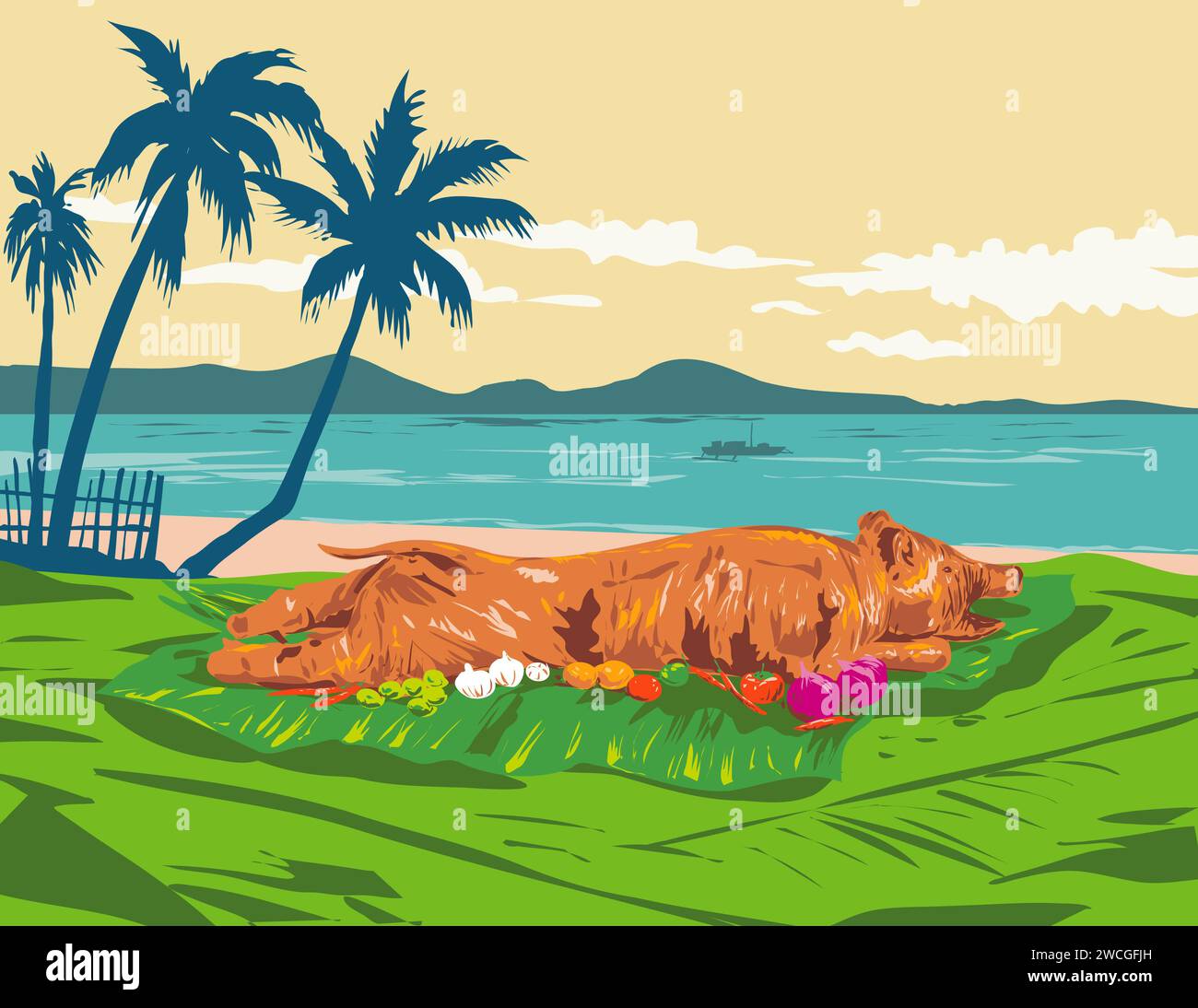 Art Deco or WPA poster art of a lechon, litson  or roasted suckling pig at the beach in Talisay City, Cebu, Philippines done in works project administ Stock Photo
