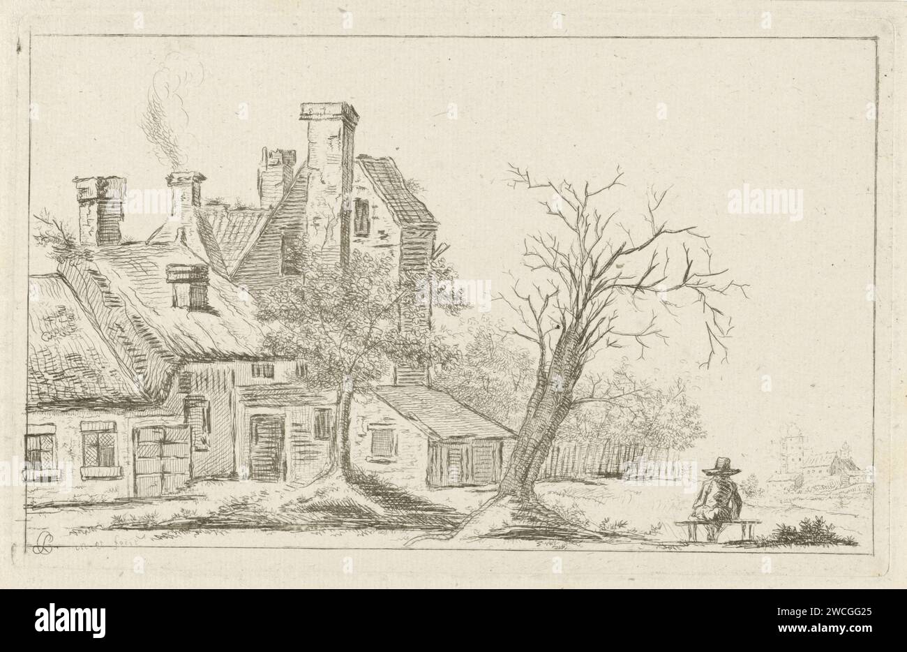 Landscape with houses, Charles de Ligne, 1774 - 1792 print Landscape with houses, on the right a man is sitting on a bank.  paper etching city-view, and landscape with man-made constructions Stock Photo