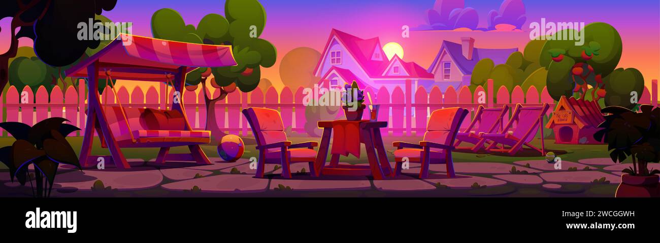 Country home backyard with furniture on sunset or sunrise. Cartoon evening landscape of yard with fruit trees, swing with canopy and lounge, wooden table with chairs and dog house under pink sky. Stock Vector