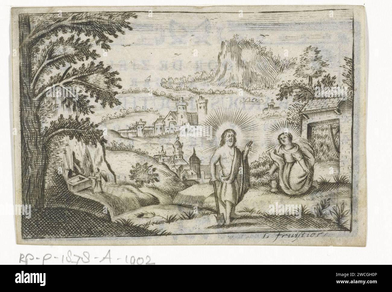Christ appears to Maria Magdalena, Lodewijk Joseph Fruytiers, 1723 - 1782 print Landscape with Christ and Mary Magdalena. Christ makes a blessing gesture to Magdalena who is in a kneeling attitude for him. An angel in the background. Verso A prayer card for Everardus Houthuyzen from Amsterdam, died in 1790.  parchment (animal material) engraving Mary Magdalene kneeling before Christ, who is usually represented as a gardener with a hoe and/or a spade; 'Noli me tangere' Stock Photo