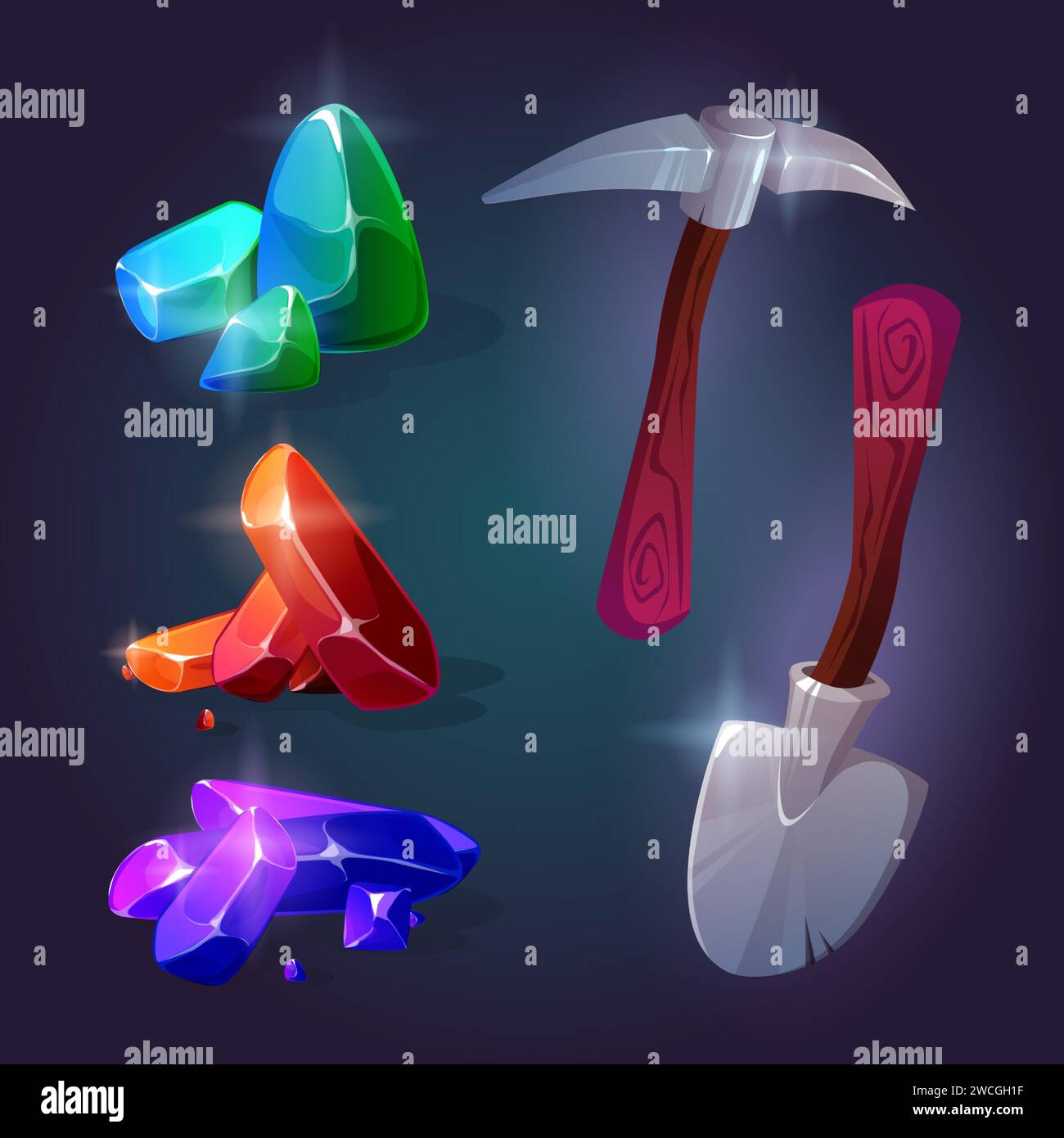 Diamonds and gemstones mine game icons. Cartoon vector set of gui asset of precious stone miner - pile of red, green and purple shiny gem crystals, shovel and pickaxe with wooden handle for extraction Stock Vector