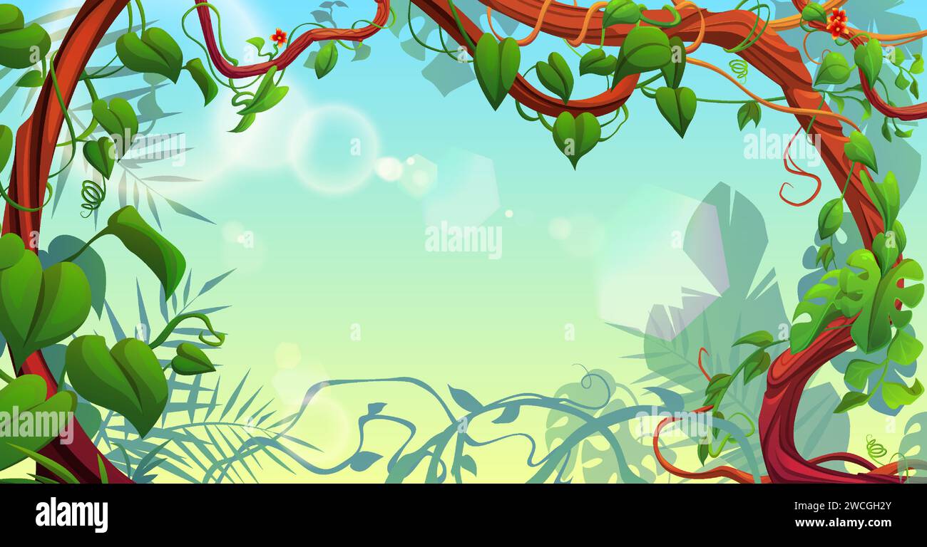 Jungle background with border frame from liana vine, green leaves and flowers. Cartoon sunny tropical backdrop with empty space for text. Rainforest long creeping plant branches with vegetation. Stock Vector