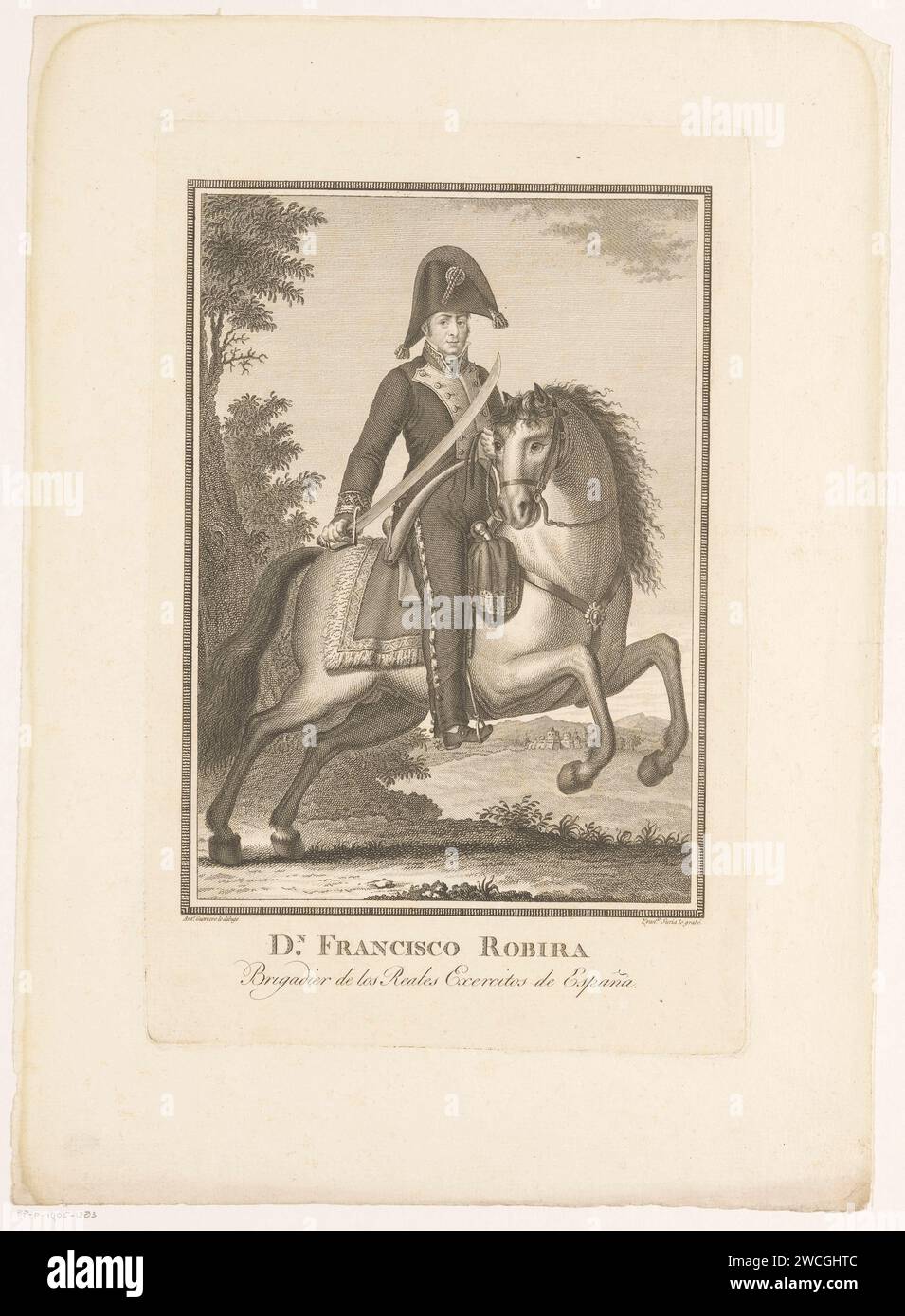 RUITORPORT VAN FRANCISCO ROBIRA, FRANCISCO SURÍA, AFTER ANTONIO GUERRERO, 1797 - 1836 print  Spain paper etching historical persons. equestrian state-portrait Stock Photo