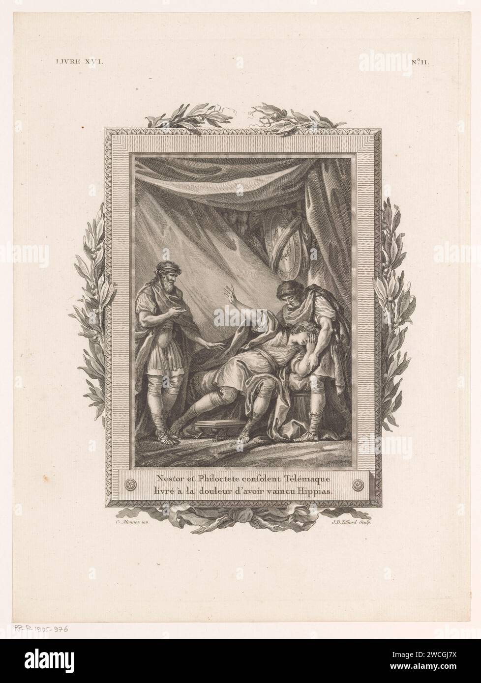 Telemachus comforted by Nestor and Philoctetes, Jean-Baptiste Tilliard, After Charles Monnet, 1785 print Telemachus, crying on a bed, is comforted by Nestor and Philoctetes in a tent. The whole is framed by a decorative frame with olive branches and a bow at the bottom. Numbered at the top right: No. Ii. print maker: Franceafter drawing by: Francepublisher: Parispublisher: Parispublisher: Parispublisher: Parispublisher: Paris paper etching / engraving (FENELON, Telemachus) specific works of literature (with AUTHOR, Title). (story of) Telemachus. ornament  festoon, garland Stock Photo