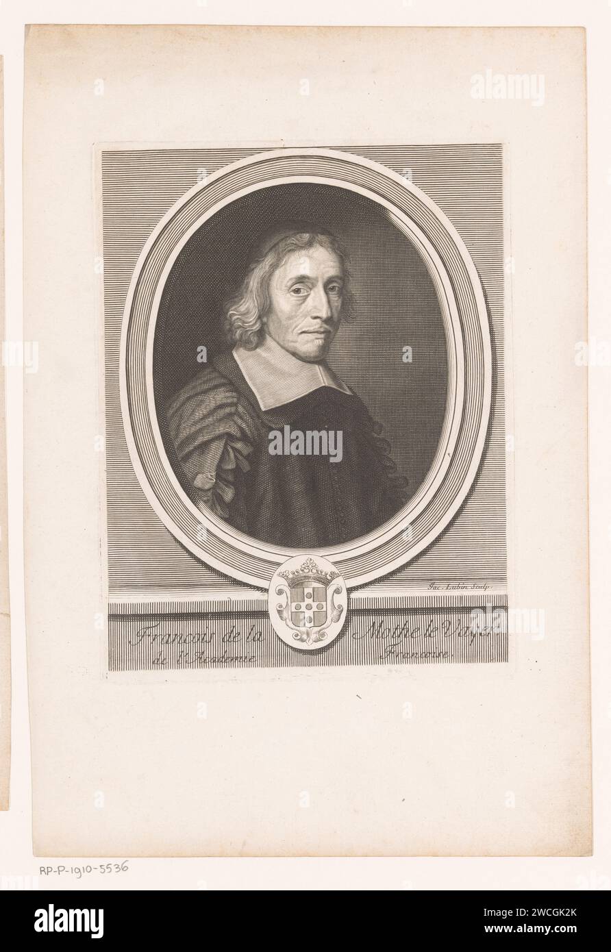 Portret van François de la Mothe Le Vayer, Jacques Lubin, 1696 - 1700 print  Paris paper engraving / etching historical persons. portrait of a writer Stock Photo