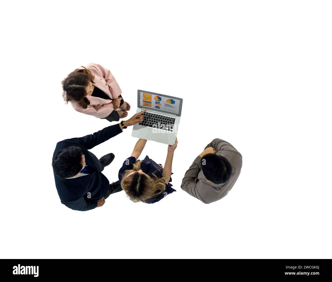 Several business professionals are meeting in a bright, white room, all focused on a laptop screen. Stock Photo