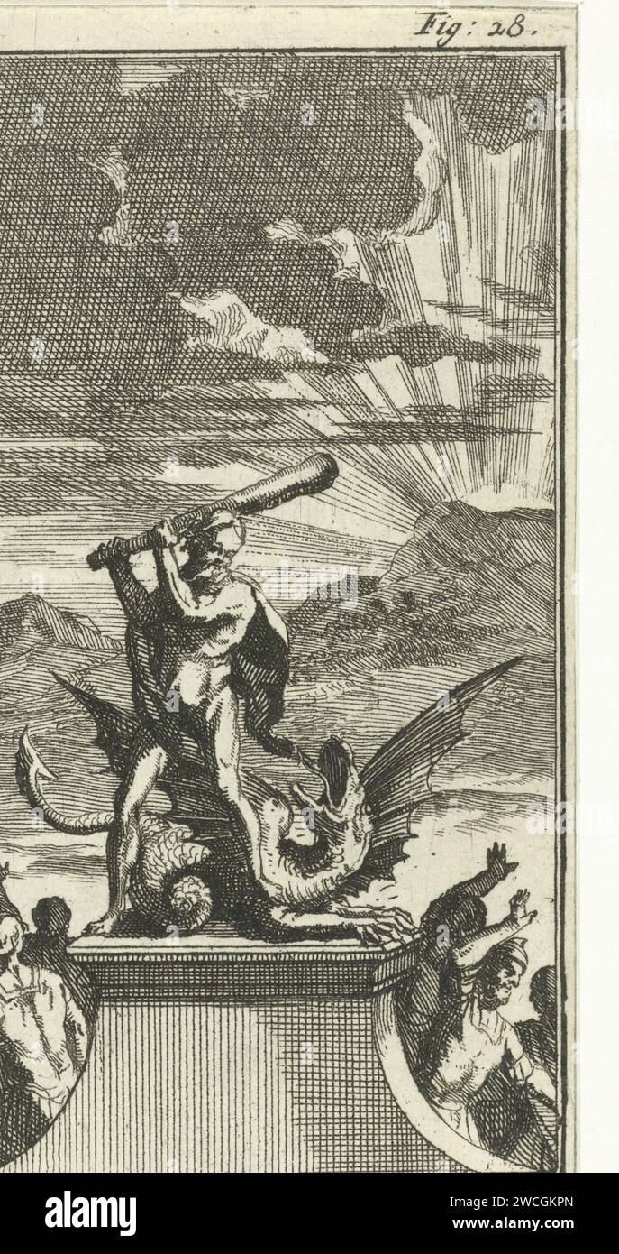 Hercules kills the dragon Ladon, Jan Luyken, 1691 print Print at the top right marked: Fig. 28. print maker: Amsterdampublisher: The Hague paper etching Hercules kills Ladon, the dragon which kept the tree of the Hesperides Stock Photo