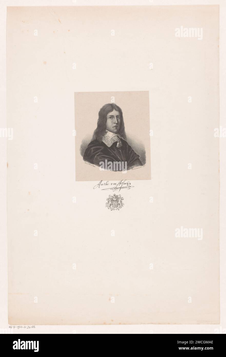 Portret van anthony van aeswijn, Hendrik Anthony Frederik Agathus Gobius, 1852 print The person portrayed wears a cloak and a square lace collar. Under the portrait are signature and a family crest. Utrecht paper.  historical persons (+ (full) bust portrait). armorial bearing, heraldry Stock Photo