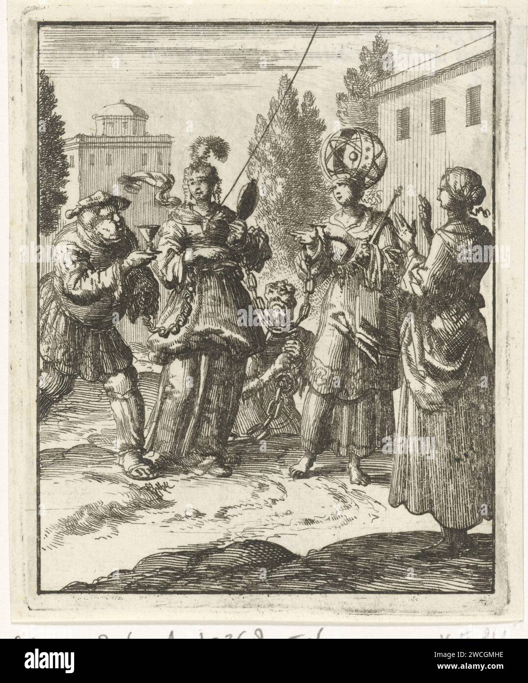 Woman sees a richly dressed lady who is chained to the world, the lust and the devil, Jan Luyken, 1687 print  Amsterdam paper etching / letterpress printing 'Mondo', 'Machina del mondo' (Ripa). Lust, Luxury, 'Luxuria'; 'Lussuria' (Ripa)  personification of one of the Deadly Sins. devil(s) and demons Stock Photo