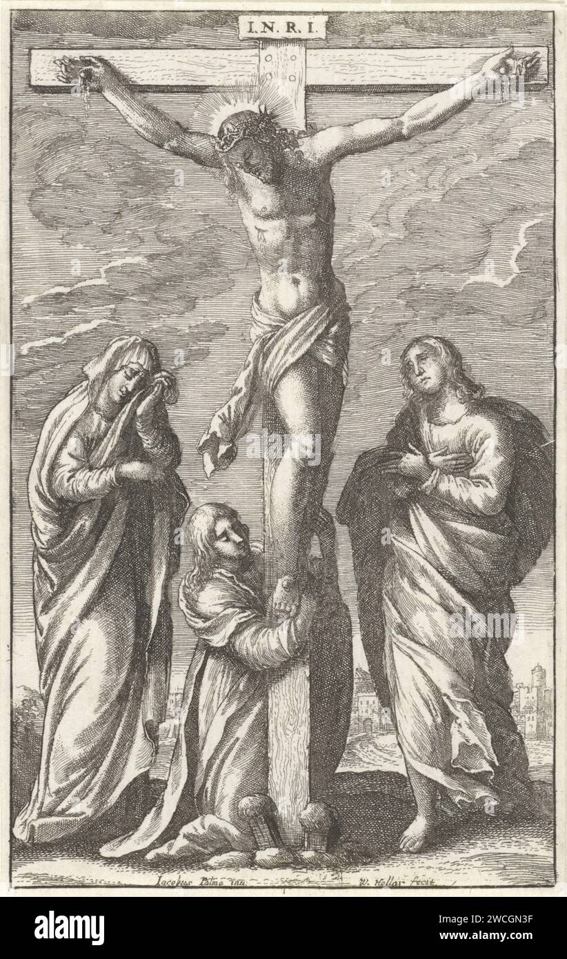 Crucifixion of Christ, Wenceslaus Hollar, After Jacopo Palma (Il vecchio), 1670 print  London paper etching crucified Christ with Mary, John, and Mary Magdalene Stock Photo