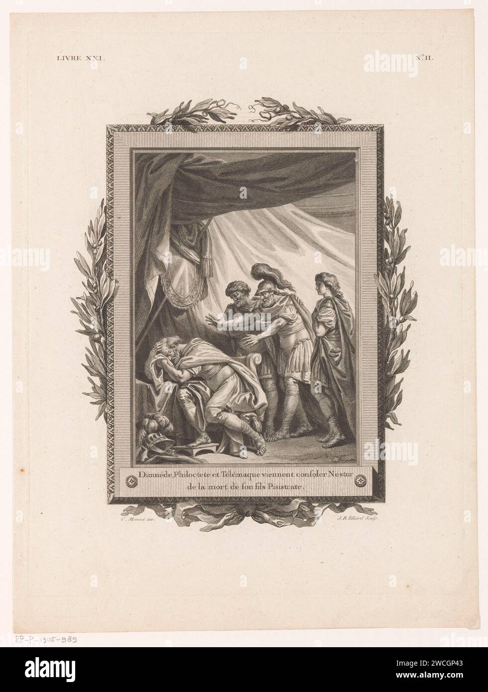 Telemachus, Philoktetes and Diomedes comfort Nestor after the loss of his son, Jean-Baptiste Tilliard, After Charles Monnet, 1785 print Nestor, seated at the table in a tent with his head in his hands, is visited by Telemachus, Philoktetes and Diomedes who walk into the tent behind him. The whole is framed by a decorative frame with olive branches and a bow at the bottom. Numbered at the top right: No. Ii. print maker: Franceafter drawing by: Francepublisher: Parispublisher: Parispublisher: Parispublisher: Parispublisher: Paris paper etching / engraving (FENELON, Telemachus) specific works of Stock Photo