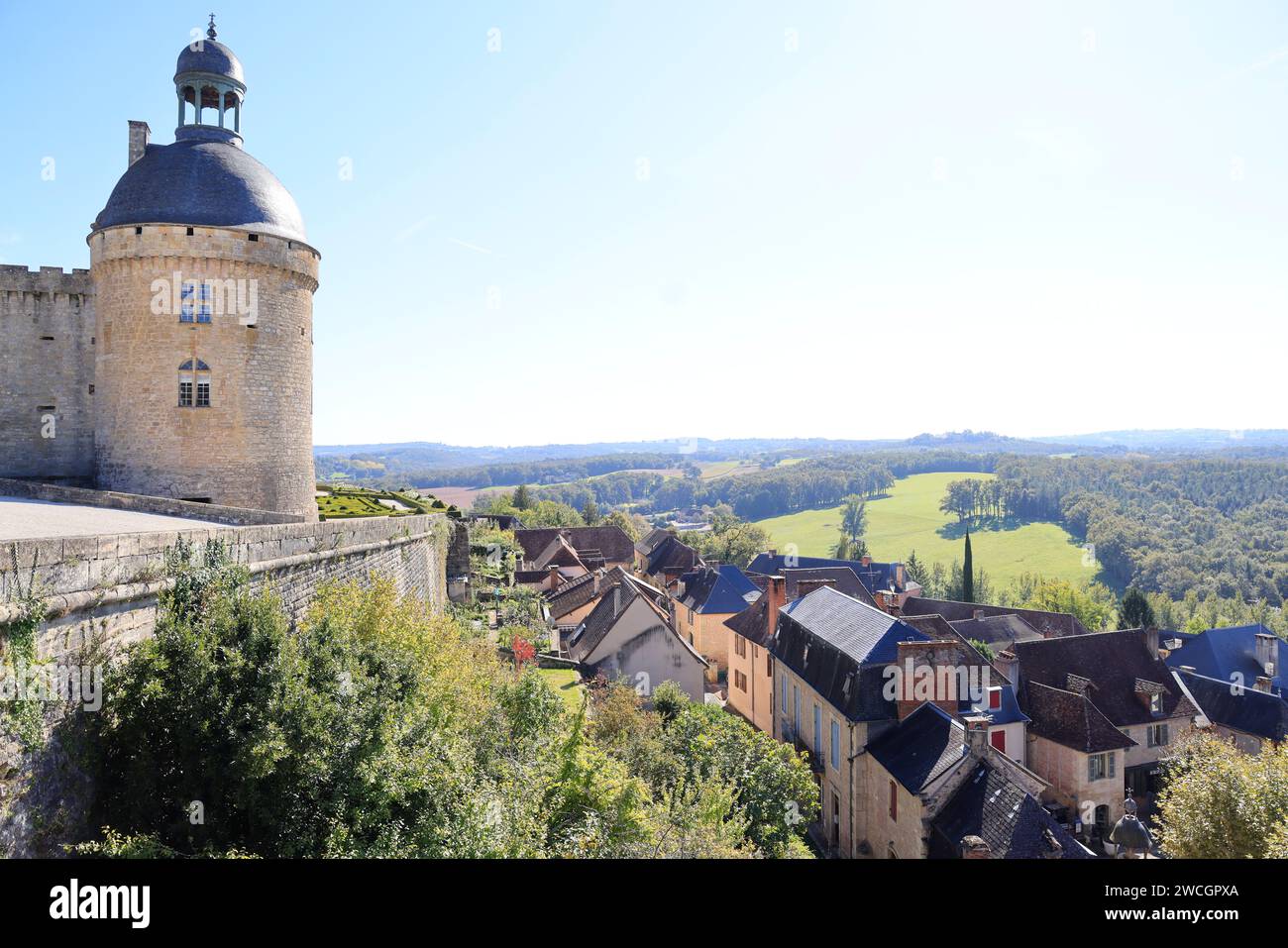 The village of Hautefort in Périgord Blanc. History, Museum of the History of Medicine, Castle, travel to the present and the past, architecture, coun Stock Photo