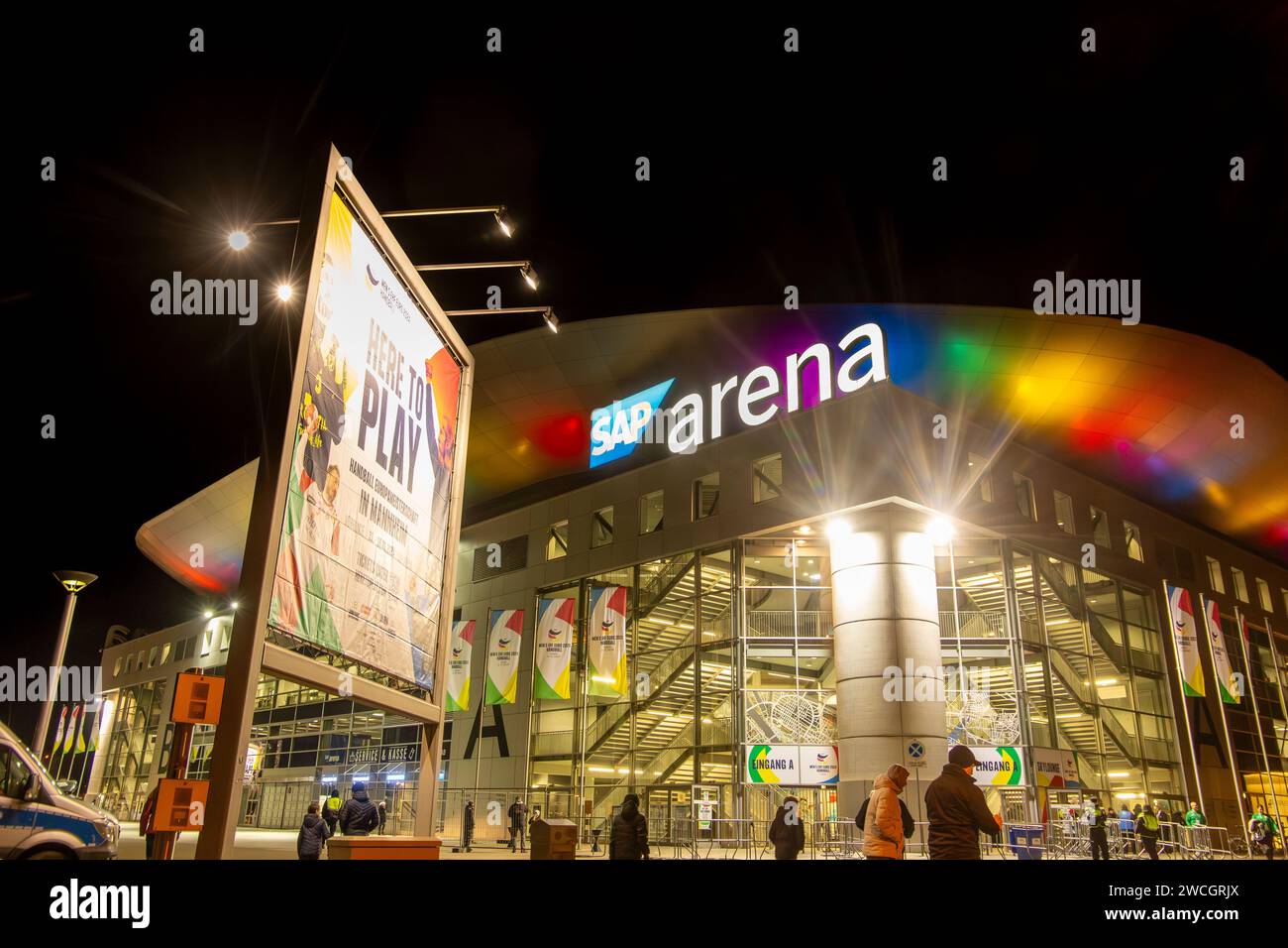 Night shot of the SAP Arena in Mannheim during a match of the European