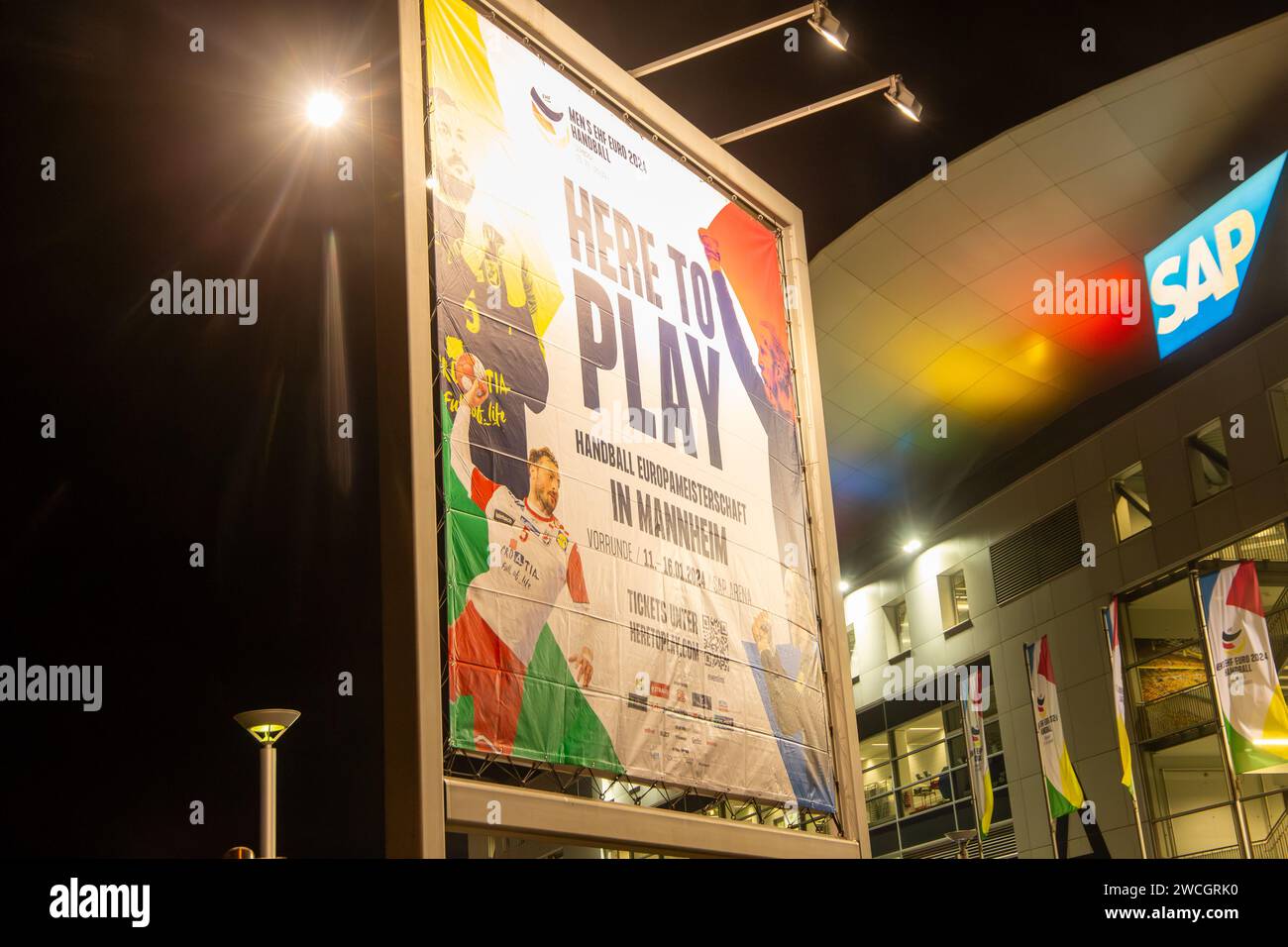 Night shot of the SAP Arena in Mannheim during a match of the European