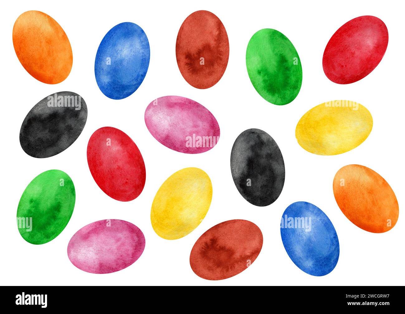 Ovals of different colors isolated on a white background. Watercolor. Easter eggs. Red, orange, yellow, green, blue, purple, brown, black color. Watercolor blur texture. Painted eggs for Easter. Set. Stock Photo