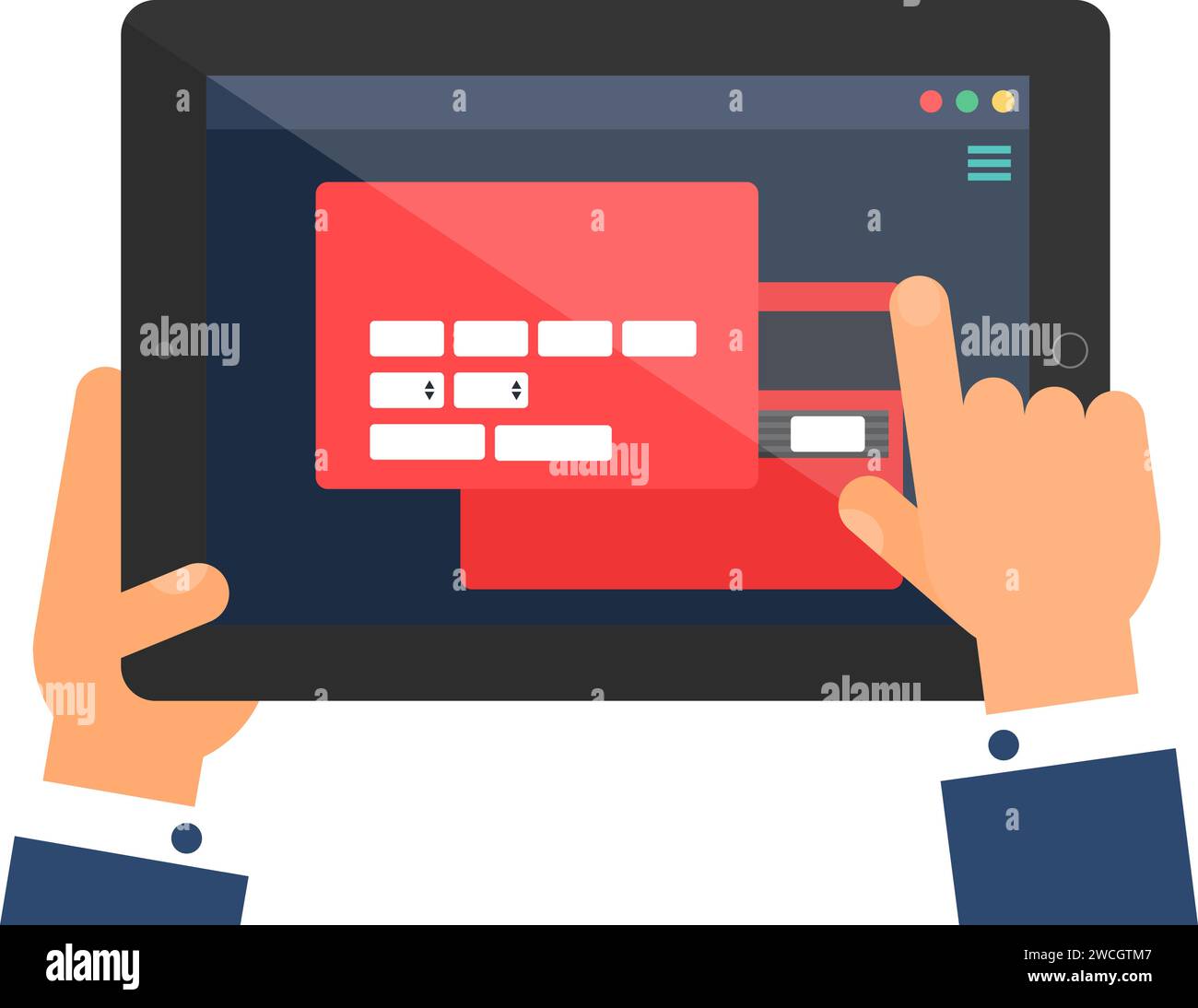 User hand enters data on website of Banking Personal Account on portable laptop. Private data web page menu on screen of digital gadget. Simple flat v Stock Vector
