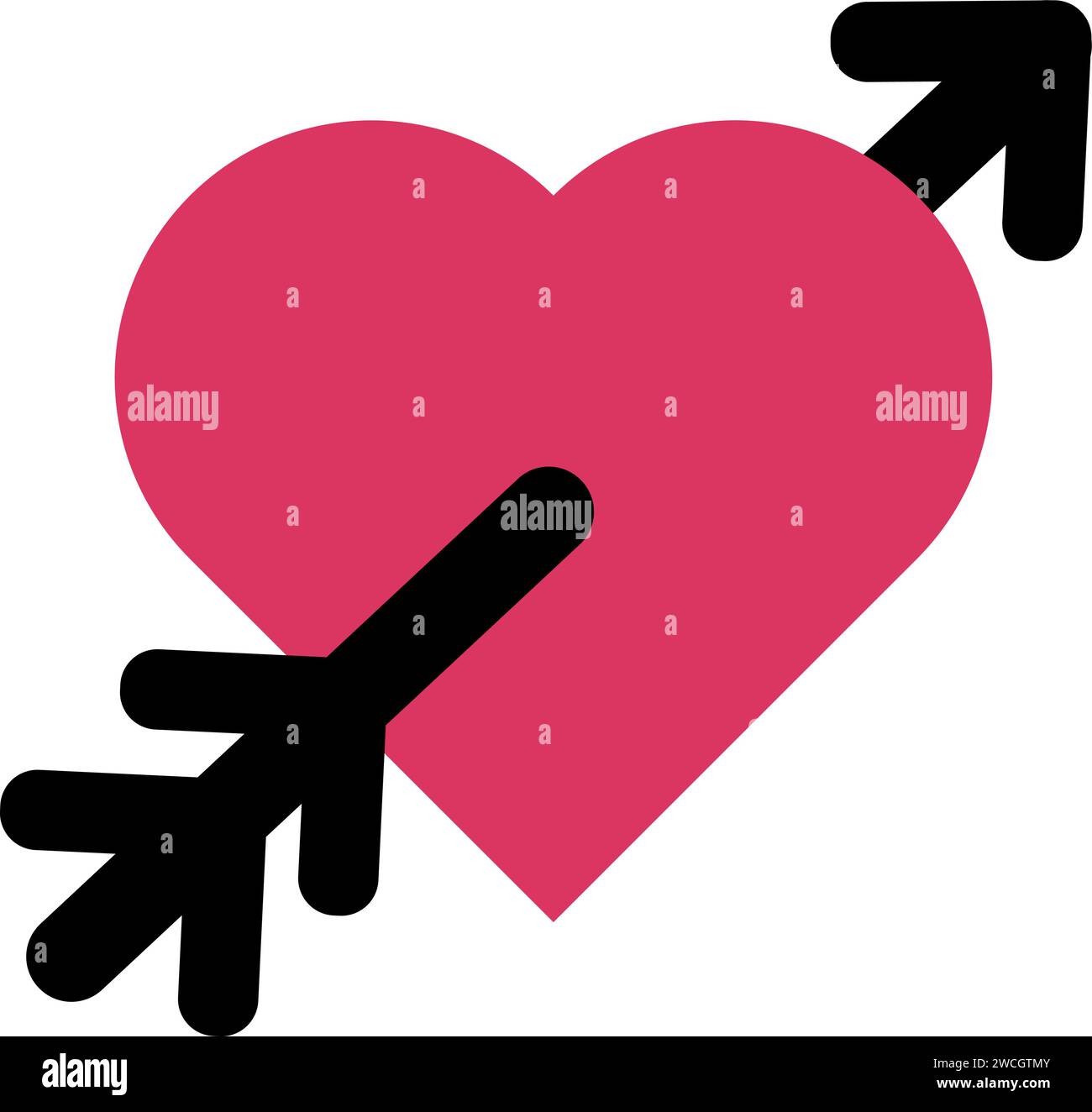 Heart with cupid arrow valentine day icon vector. Winter seasonal holiday, lovely symbol. Love flirting and relationship of male and female couple, lo Stock Vector
