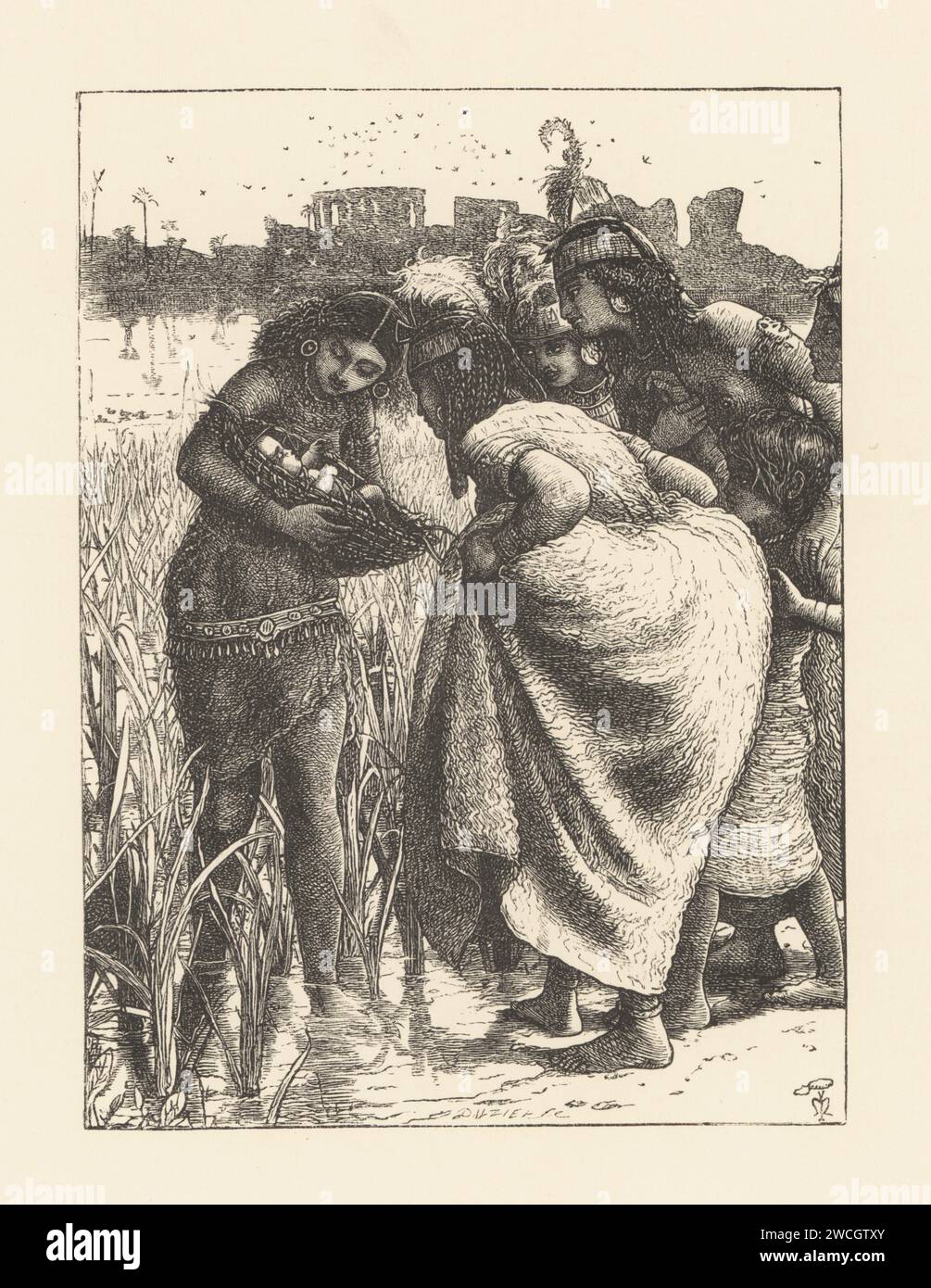 Egyptian women and children gather around baby Moses in a basket found in the bullrushes on the Nile. The Finding Of Moses. Book illustration originally published in Lays of the Holy Land. Woodcut by the Dalziel brothers after an illustration by Pre-Raphaelite artist John Everett Millais from Millais’ Illustrations, a Collection of Drawings on Wood, Alexander Strahan, London, 1866. Stock Photo