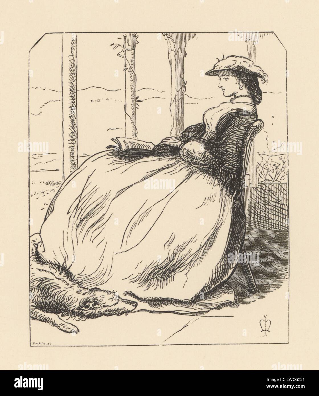 A Victorian woman in bonnet and full gown seated next to a sleeping dog ...