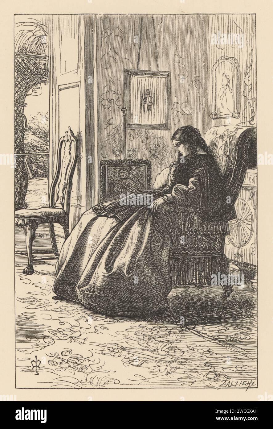 Sad Victorian woman seated in a drawing room. There was sorrow in her heart. Book illustration from Anthony Trollope’s Orley Farm. Woodcut by the Dalziel brothers after an illustration by Pre-Raphaelite artist John Everett Millais from Millais’ Illustrations, a Collection of Drawings on Wood, Alexander Strahan, London, 1866. Stock Photo