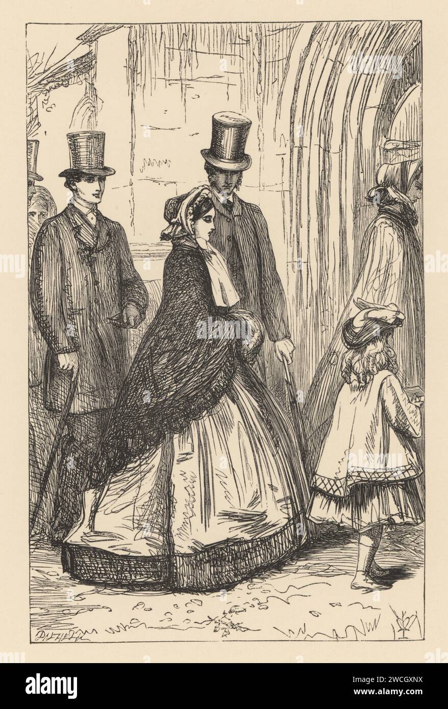 A Victorian family in Sunday best entering a church for a service. Christmas a Noningsby, Morning. Book illustration from Anthony Trollope’s Orley Farm. Woodcut by the Dalziel brothers after an illustration by Pre-Raphaelite artist John Everett Millais from Millais’ Illustrations, a Collection of Drawings on Wood, Alexander Strahan, London, 1866. Stock Photo