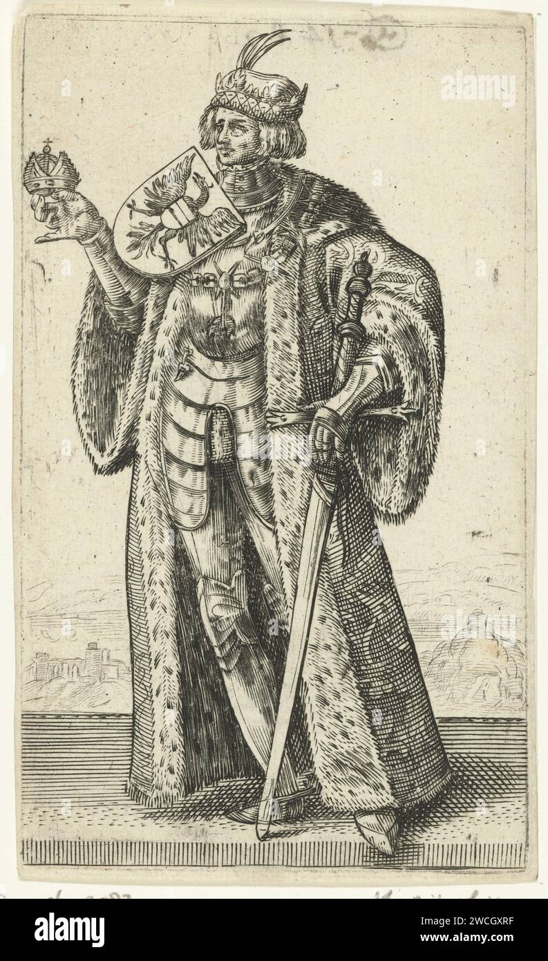 Portrait of Maximilian I van Habsburg, Roman-German Keizer, Adriaen Matham, 1620 print Portrait of Maximilian I of Habsburg, Roman-German Emperor, standing with coat of arms, sword and a crown in his hand. Print from a series of 36 prints with portraits in full of graves and engines of Holland. Haarlem paper engraving nobility and patriciate; chivalry, knighthood Stock Photo