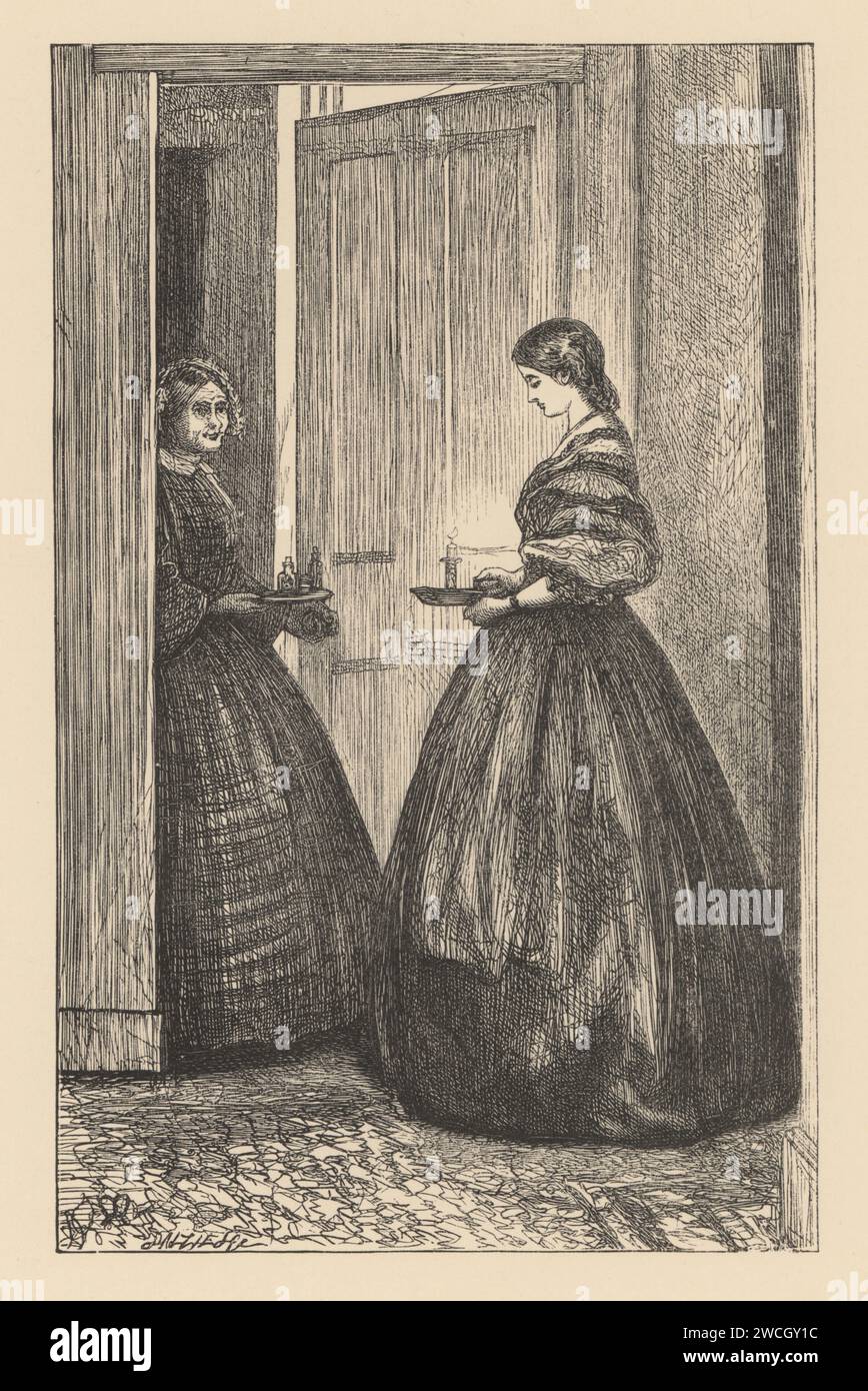 A young Victorian woman with candle meets a maid with a tray of medicine in a dark hallway. Footsteps in the corridor. Book illustration from Anthony Trollope’s Orley Farm. Woodcut by the Dalziel brothers after an illustration by Pre-Raphaelite artist John Everett Millais from Millais’ Illustrations, a Collection of Drawings on Wood, Alexander Strahan, London, 1866. Stock Photo