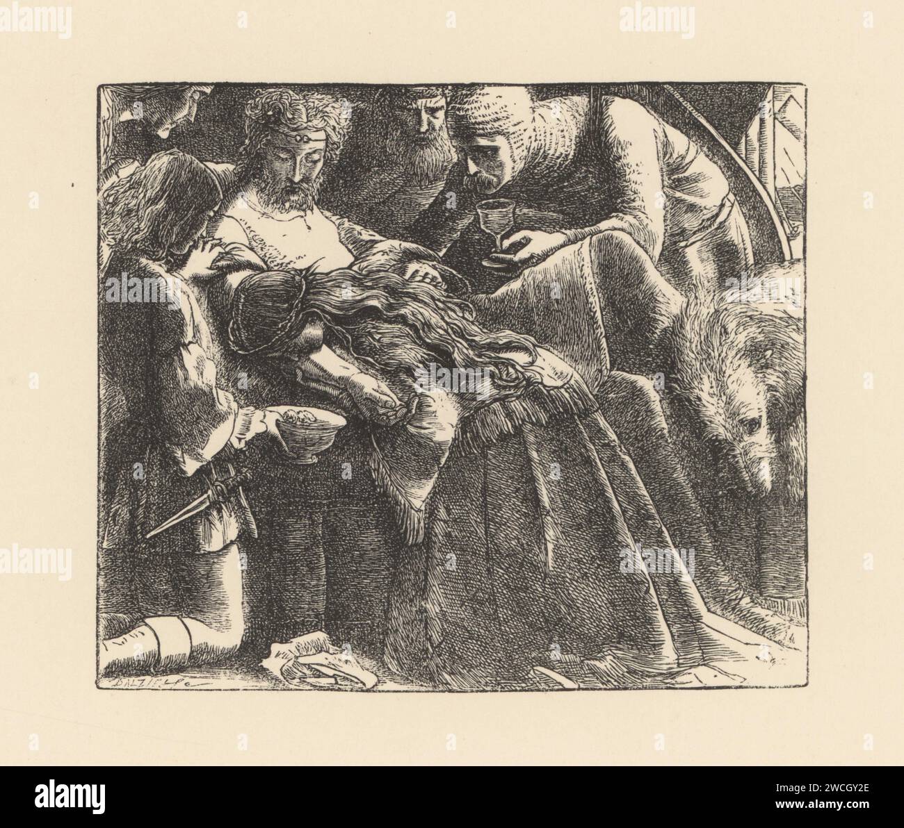 A woman sucking out poison from a wound. King Edward I saved from a poisoned dagger by his wife Eleanor of Castile at Acre. A page holds a bowl, and a crusader in chainmail holds a glass. Drew forth the poison with her balmy breath. Illustration to A Dream of Fair Women from Poems by Alfred Lord Tennyson. Woodcut by the Dalziel brothers after an illustration by Pre-Raphaelite artist John Everett Millais from Millais’ Illustrations, a Collection of Drawings on Wood, Alexander Strahan, London, 1866. Stock Photo
