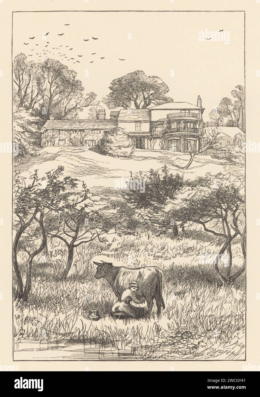 Bucolic landscape with milkmaid and dairy cow at Orley Farm. Frontispiece to Anthony Trollope’s Orley Farm. Based on Julians Hill farmhouse, home of the Trollope family. Woodcut by the Dalziel brothers after an illustration by Pre-Raphaelite artist John Everett Millais from Millais’ Illustrations, a Collection of Drawings on Wood, Alexander Strahan, London, 1866. Stock Photo