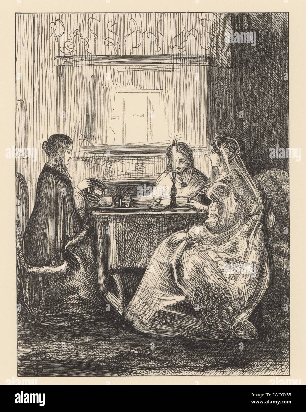 A Victorian bride in bridal gown drinking tea at the breakfast table with her family. The Wedding Morning from Good Words magazine. Woodcut by the Dalziel brothers after an illustration by Pre-Raphaelite artist John Everett Millais from Millais’ Illustrations, a Collection of Drawings on Wood, Alexander Strahan, London, 1866. Stock Photo