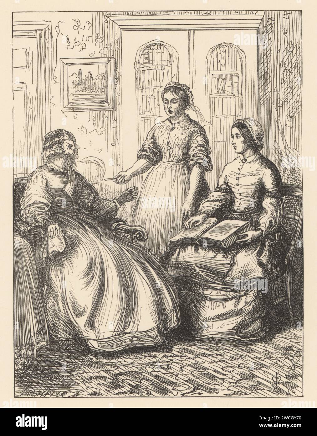 A maid shows a calling card to a woman in a Victorian drawing room. Another guest reads a book in front of a bookcase. A Visitor Announced, from Good Words. Woodcut by the Dalziel brothers after an illustration by Pre-Raphaelite artist John Everett Millais from Millais’ Illustrations, a Collection of Drawings on Wood, Alexander Strahan, London, 1866. Stock Photo