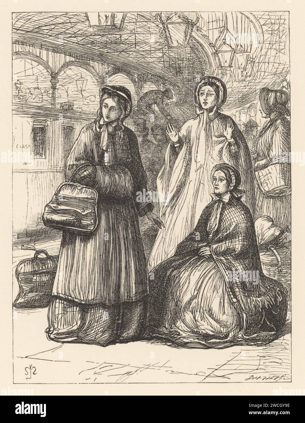 Three  ladies with luggage waiting on a platform in a large Victorian train station. Waiting in the Railway Station, from Good Words. Woodcut by the Dalziel brothers after an illustration by Pre-Raphaelite artist John Everett Millais from Millais’ Illustrations, a Collection of Drawings on Wood, Alexander Strahan, London, 1866. Stock Photo