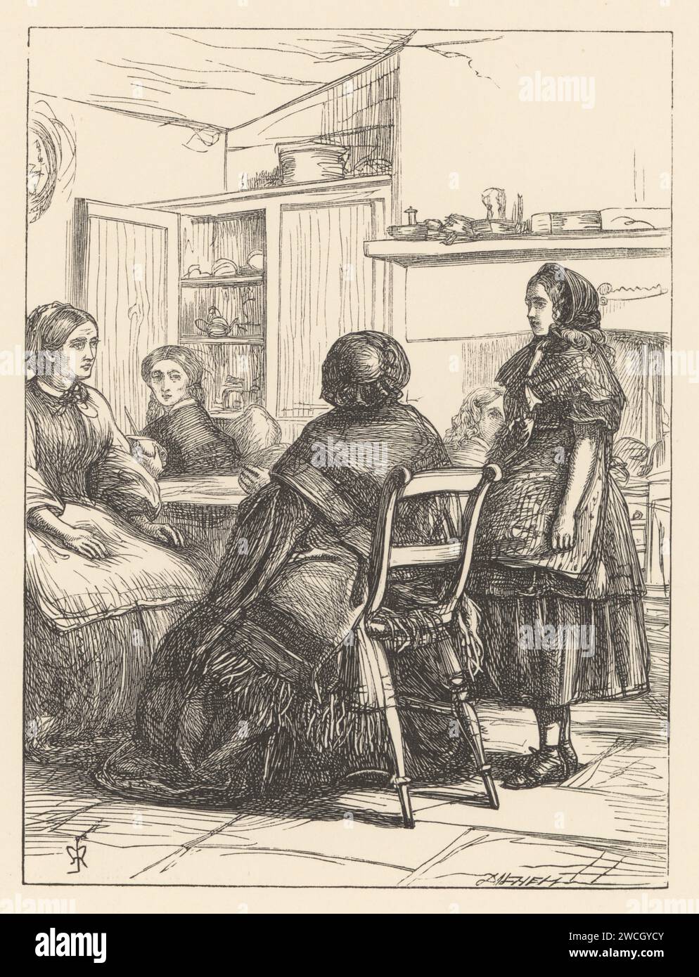 A young girl housemaid stands in the kitchen of her first employment, with a Victorian lady, cook, and other servants. Elizabeth Hand’s First Place, from Good Words. Woodcut by the Dalziel brothers after an illustration by Pre-Raphaelite artist John Everett Millais from Millais’ Illustrations, a Collection of Drawings on Wood, Alexander Strahan, London, 1866. Stock Photo