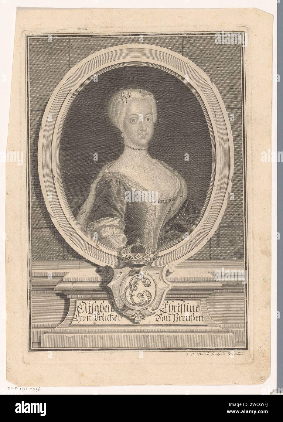 Portrait of Elisabeth Christine, Queen of Prussia, Georg Paul Busch, 1733 - 1756 print  Berlin paper engraving historical persons - BB - woman. initial Stock Photo