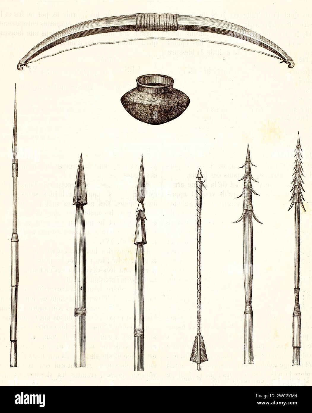 South American indigenous bow, arrows with barbed tips, and curare vial. Ethnographic weaponry in detailed woodcut. Published in 1878 by Brehm, Paris. Stock Photo