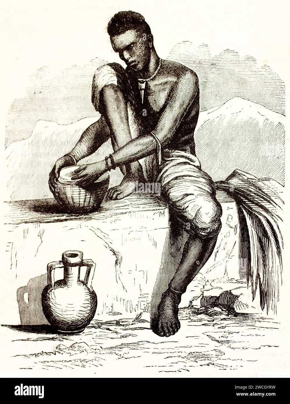 Dinka man seated on a wall weaving a basket outdoors. Expressive woodcut engraving from 1878 highlights traditional technique and cultural portrait. Stock Photo