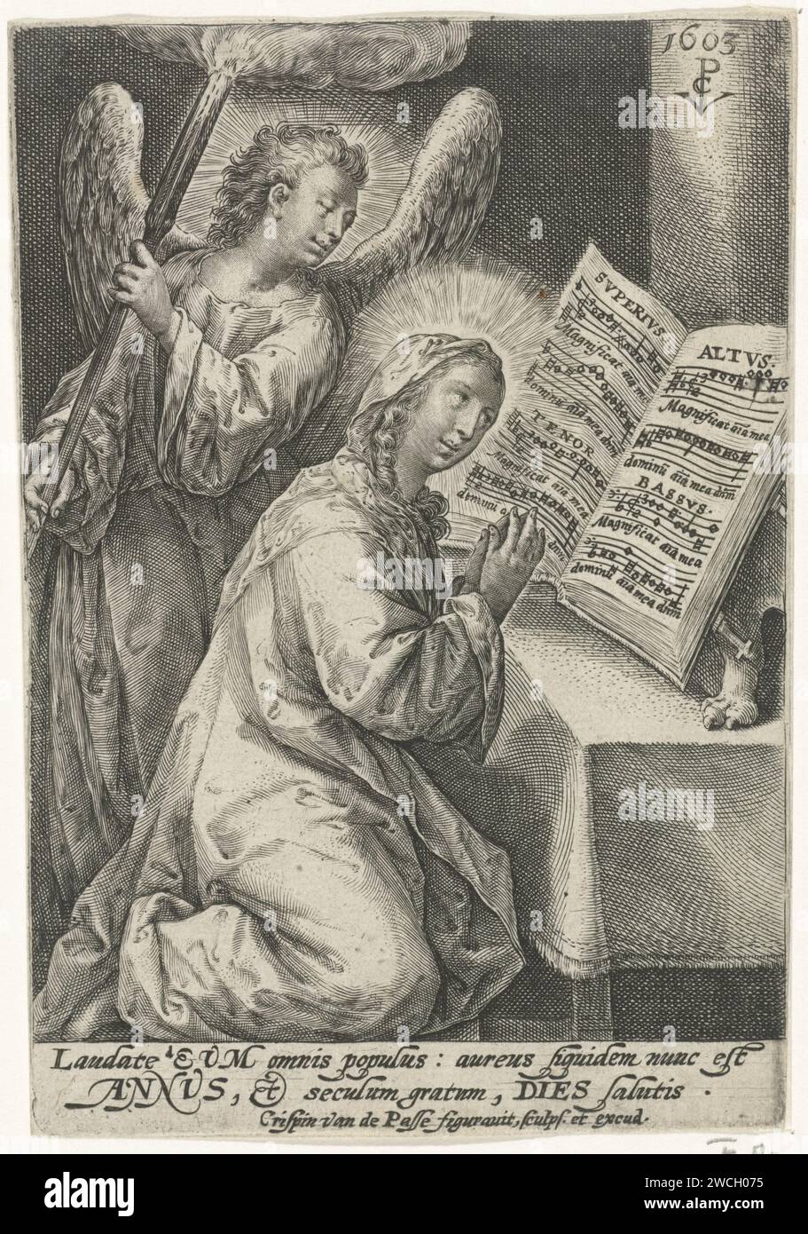 Maria accompanied by Engel, Crispijn van de Passe (I), 1603 print Maria ...
