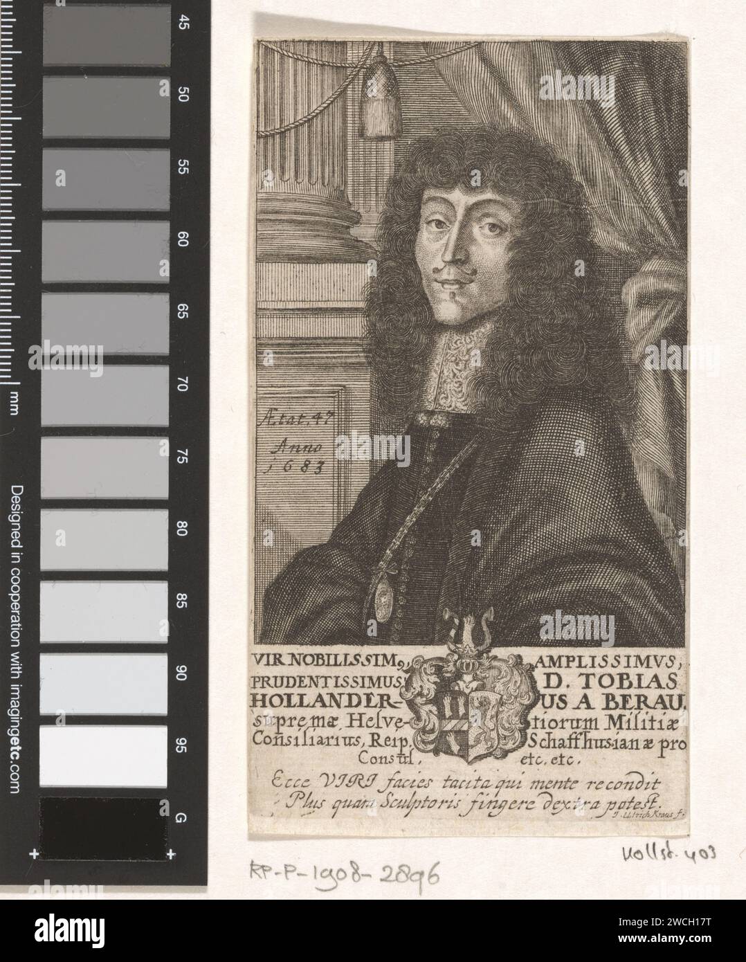 Portrait of Tobias Hollander von Berau at the age of 47, Johann Ulrich Kraus, 1683 print Text in Latin in the lower margin.  paper engraving historical persons. mayor, burgomaster Stock Photo